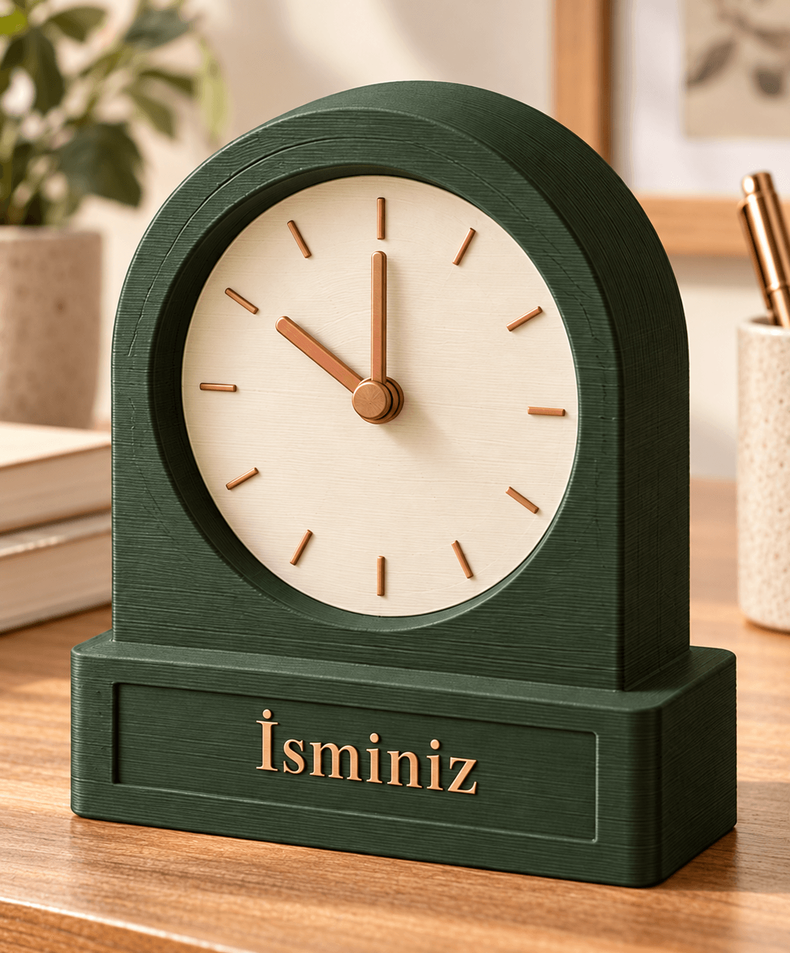 İsme özel alt alanında İsminiz yazan, koyu yeşil kemerli Revak masa saati.